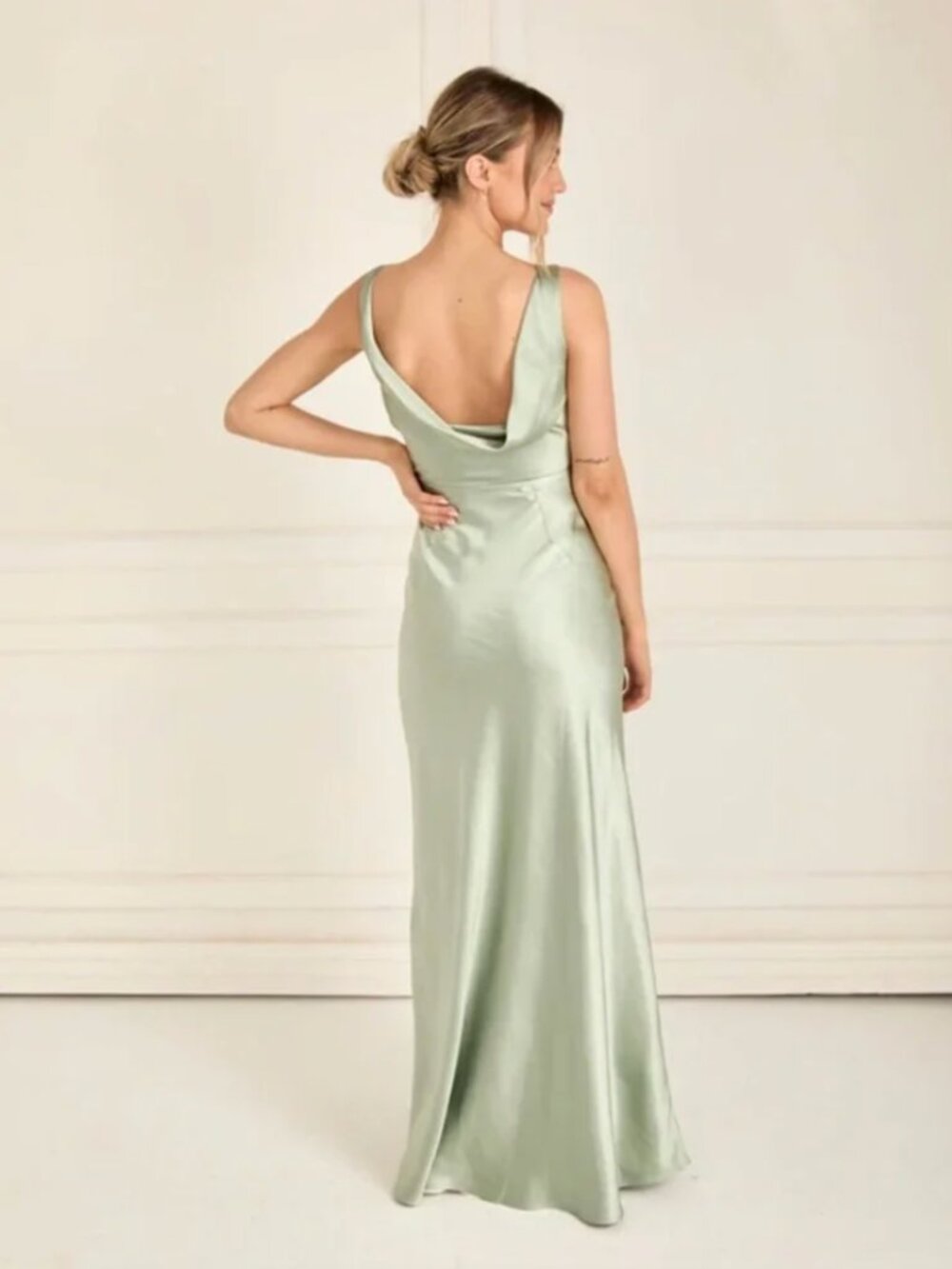 Six Stories Bridesmaids cowl back satin maxi dress in sage